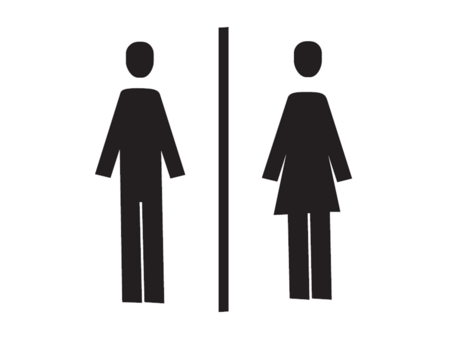 Ein Symbol für Männer- und Frauen-Toiletten. Auf der linken Seite steht ein Männchen und auf der rechten Seite ein Weibchen.