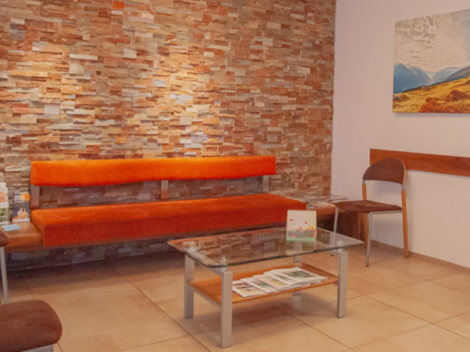 Ein modernes Wartezimmer mit einer orangen Bank und Braunstuhl. Die Wand ist mit künstlichen Steinen verkleidet, und ein Bild einer Landschaft hängt darüber.