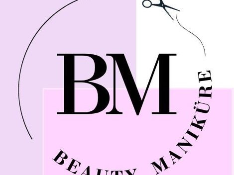 Ein stilvolles Logo für ein Beautystudio. Es kombiniert den Schriftzug "BM" mit den Worten "Beauty Maniküre" und einer Schere.