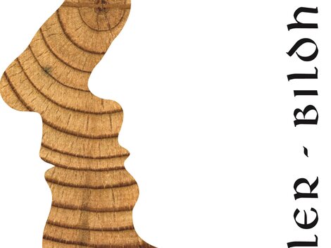 Eine kreative Holzskulptur in Form eines Gesichts. Neben der Skulptur steht der Name „Juen Stefan“ und die Bezeichnung „Tischler - Bildhauer“.