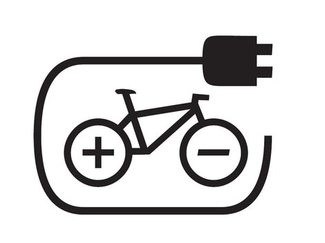Ein Symbol für ein E-Bike mit einem Ladeanschluss. Es zeigt Plus- und Minuszeichen sowie einen Stecker.