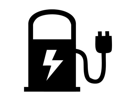 Eine stilisierte Ladestation für Elektroautos. Sie zeigt einen Stecker und ein Blitzsymbol.