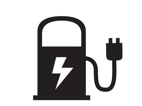 Eine stilisierte Tankstelle mit einem Blitzsymbol, das elektrischen Strom darstellt. Der Stecker zeigt, dass es sich um eine Ladestation für Elektrofahrzeuge handelt.