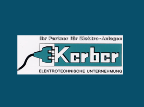 Ein Logo einer elektrotechnischen Unternehmensberatung. Es zeigt den Schriftzug "Kerbcr" mit einem Stecker und der Beschreibung "Ihr Partner für Elektro-Anlagen".