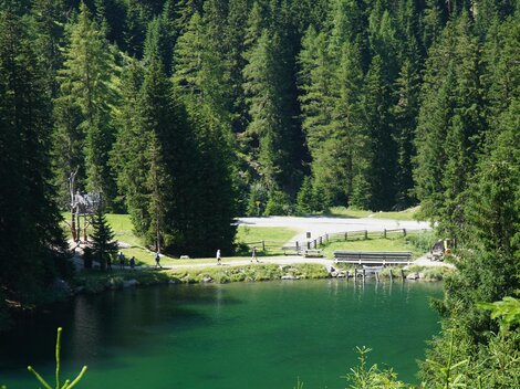 Ein ruhiger See umgeben von dichten Wäldern. Im Hintergrund sind Spaziergänger und eine grüne Wiese zu sehen.
