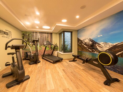 A modern gym with various training equipment. The walls are decorated with a beautiful nature motif.