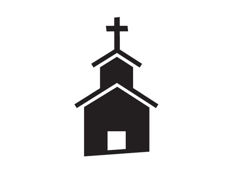 Ein einfaches schwarzes Symbol einer Kirche mit einem Kreuz. Es zeigt die grundlegenden Elemente eines Kirchengebäudes.