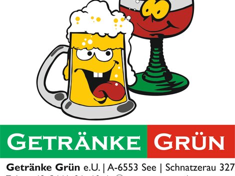 Zwei fröhliche Getränke-Charaktere, ein Bierkrug und ein Cocktailglas, lächeln. Der Hintergrund enthält den Text "Getränke Grün" in auffälligen Farben.