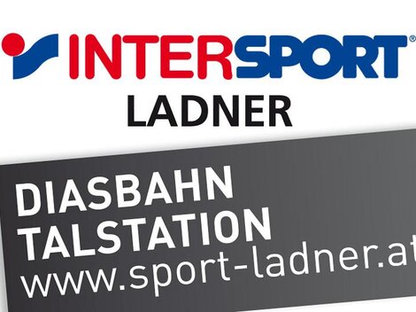 Ein Logo der Marke INTERSPORT mit dem Namen "LADNER". Darunter steht die Information über die "DIASBAHN TALSTATION" und die Webseite.