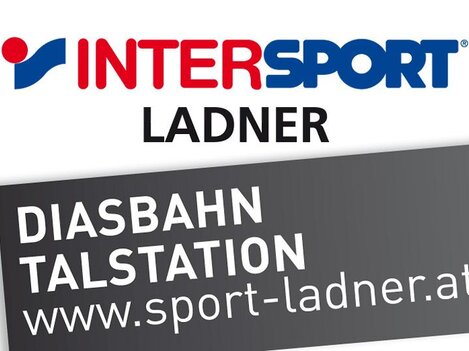 A logo of the brand INTERSPORT with the name "LADNER". Below, there is information about the "DIASBAHN VALLEY STATION" and the website.