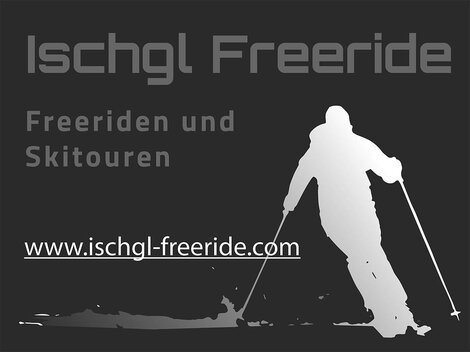 Eine stilisierte Silhouette eines Skifahrers beim Freeriden. Der Hintergrund ist schwarz, mit dem Text "Ischgl Freeride" und der Webseite.