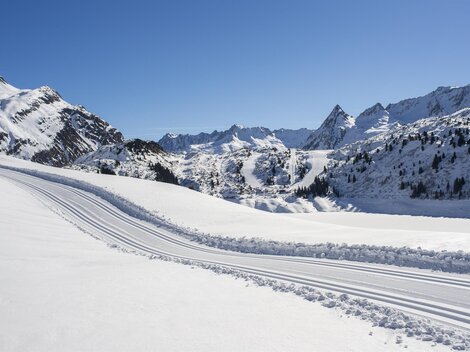 Eine verschneite Berglandschaft unter klarem blauen Himmel. Skispuren führen durch die unberührte Schneedecke.