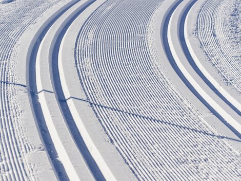Eine frisch präparierte Loipe im Schnee. Die Spuren verlaufen geschwungen durch die winterliche Landschaft.