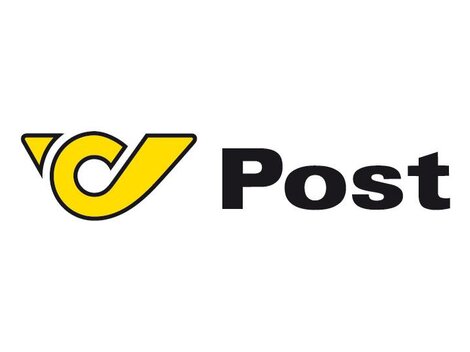 Ein einfaches Logo der Post mit einem gelben Symbol und dem Schriftzug „Post“ in Schwarz. Das Design ist modern und klar strukturiert.