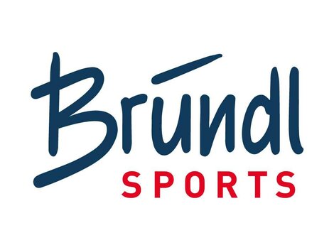 Ein Logo der Marke Bründl Sports. Es zeigt den Schriftzug in blauer und roter Farbe.