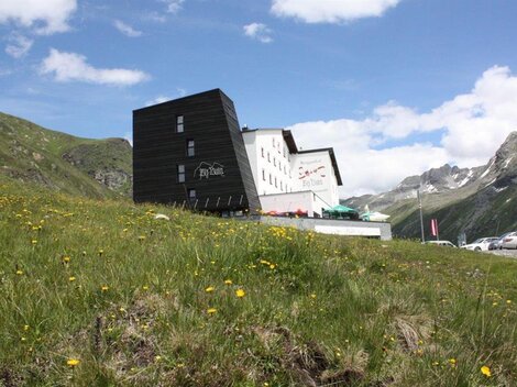 Ein modernes Gebäude in den Bergen, umgeben von grünen Wiesen und blühenden Blumen. Im Hintergrund sind majestätische Berge und ein blauer Himmel zu sehen.