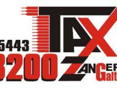 Ein Taxi-Logo mit dem Namen "Zangerl" und der Telefonnummer 05443 8200 aus Galtür. Es ist in einem modernen, auffälligen Design gestaltet.