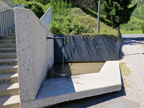 Eine moderne Wasserstelle aus Beton mit einer schlichten Gestaltung. Im Hintergrund sind grüne Hecken und Bäume zu sehen.