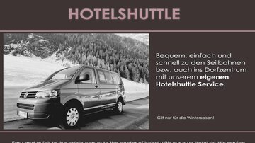 A hotel shuttle vehicle in front of a winter mountain landscape. Convenient and quick to the cable cars or to the village center.