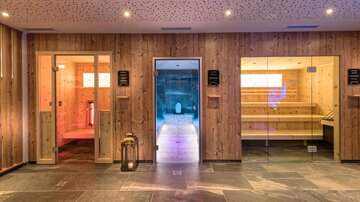 A modern spa with wooden paneling and various saunas. The atmosphere is relaxing and inviting.