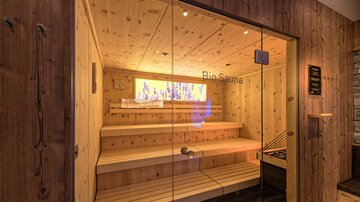 A modern bio sauna with bright wooden interior and glass front. The benches invite you to relax.