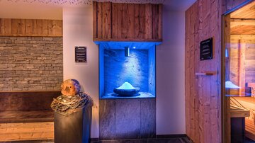 A stylish wellness environment with wooden paneling and soft blue light. At the center is a decorative fountain with salt crystals.