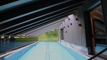 Ein moderner Pool unter einem schrägen Dach mit Holzverkleidung. Die Aussicht zeigt grünes Umland durch große Fenster.