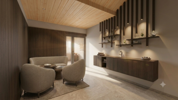 Ein modernes Zimmer mit einer Holzdecke und eleganter Einrichtung. Gemütliche Sessel und ein stilvolles Regal schaffen eine einladende Atmosphäre.
