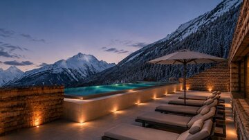 Ein stilvolles Spa mit Liegen und einem Pool, umgeben von schneebedeckten Bergen. Die Atmosphäre ist ruhig und entspannend bei Dämmerung.