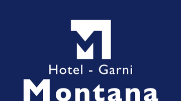 Ein einfaches Logo des Hotels Garni Montana. Es zeigt den Schriftzug „Montana“ in großer, weißer Schrift auf einem blauen Hintergrund.