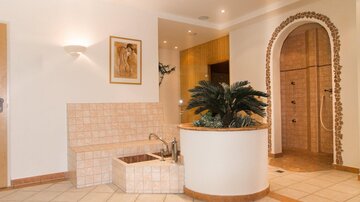 Ein elegantes Badezimmer mit einer gemütlichen Sitzgelegenheit und einer Dusche. Plüschige Pflanzen verleihen dem Raum eine entspannende Atmosphäre.