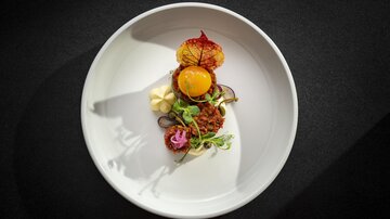 An elegant dish on a white plate, garnished with fresh herbs and a raw egg yolk. The appealing presentation includes colorful, edible flowers and decorative leaves.