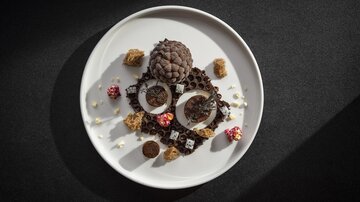 A creative dessert on a white plate. It consists of various chocolate elements, cookies, and fruit pieces.